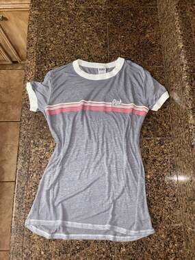Victoria's Secret PINK Grey Marled Ringer T-Shirt with Pink Chest Stripes